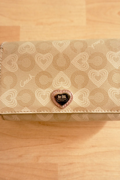 Vintage Coach Y2K Heart Print Wallet Cream Beige Pink Leather Zip Purse Coin