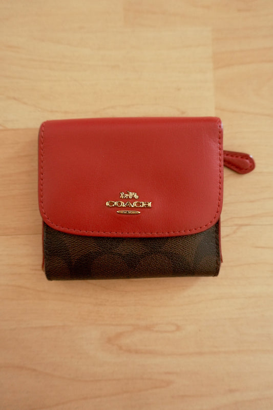Coach Square Wallet Red Brown Leather Monogram Flap Purse Gold Zip Hardware