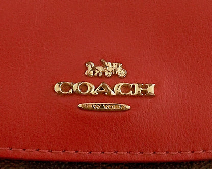 Coach Square Wallet Red Brown Leather Monogram Flap Purse Gold Zip Hardware