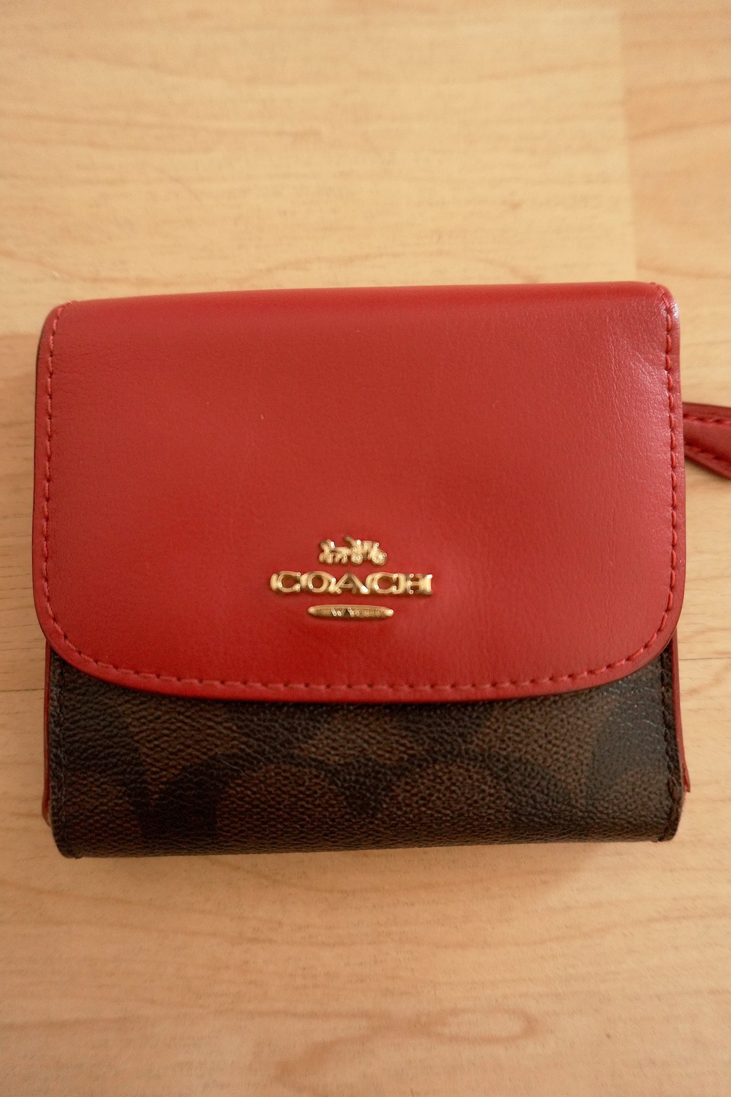 Coach Square Wallet Red Brown Leather Monogram Flap Purse Gold Zip Hardware