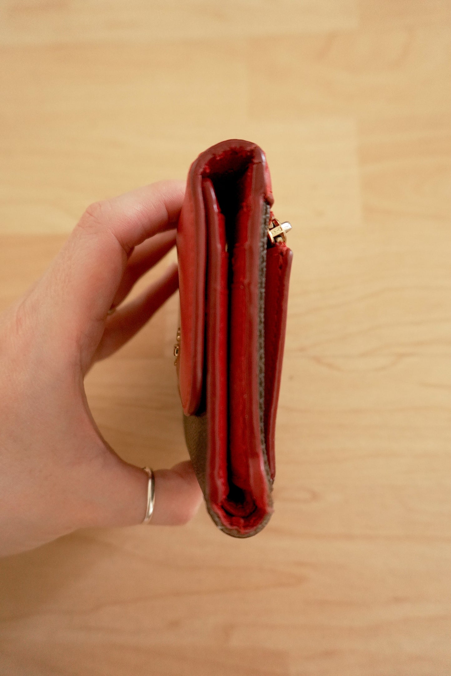 Coach Square Wallet Red Brown Leather Monogram Flap Purse Gold Zip Hardware