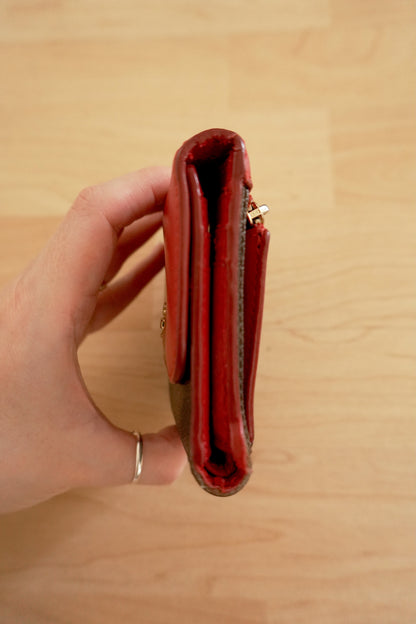 Coach Square Wallet Red Brown Leather Monogram Flap Purse Gold Zip Hardware