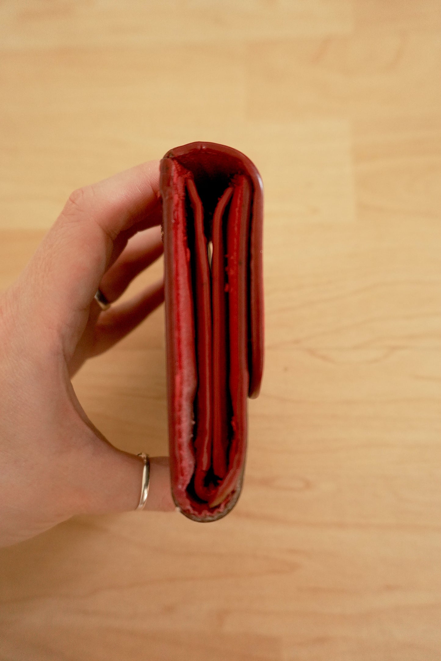 Coach Square Wallet Red Brown Leather Monogram Flap Purse Gold Zip Hardware