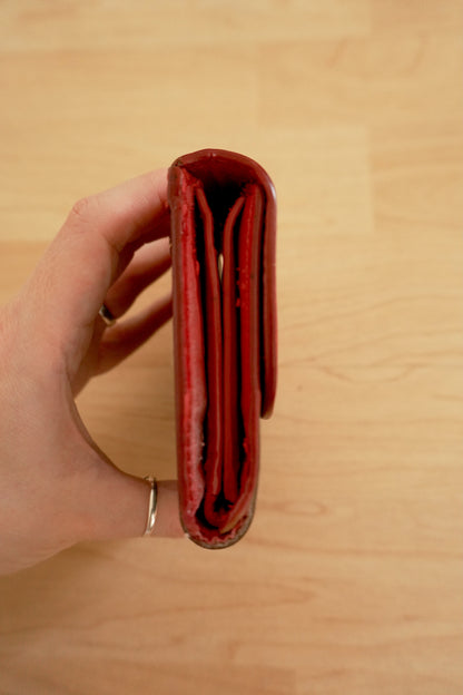 Coach Square Wallet Red Brown Leather Monogram Flap Purse Gold Zip Hardware