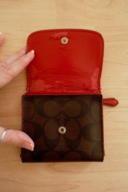 Coach Square Wallet Red Brown Leather Monogram Flap Purse Gold Zip Hardware