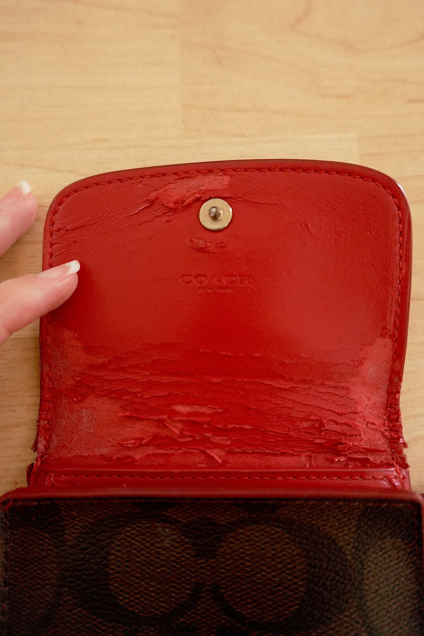 Coach Square Wallet Red Brown Leather Monogram Flap Purse Gold Zip Hardware