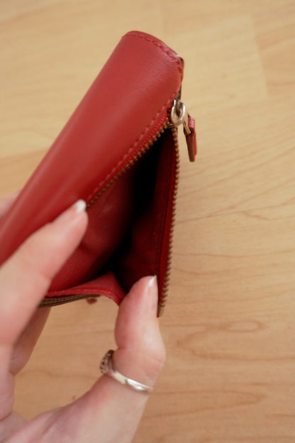Coach Square Wallet Red Brown Leather Monogram Flap Purse Gold Zip Hardware