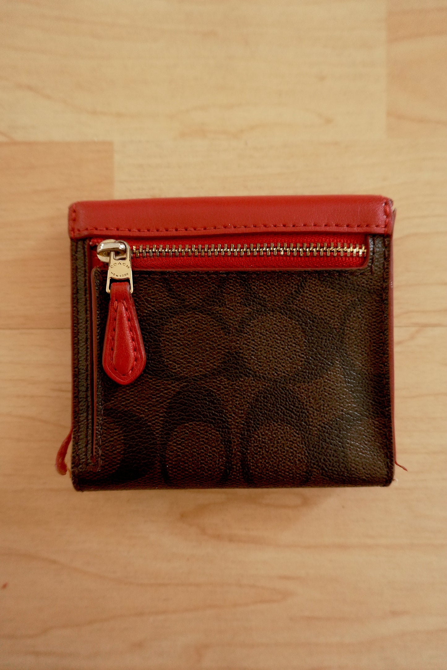 Coach Square Wallet Red Brown Leather Monogram Flap Purse Gold Zip Hardware