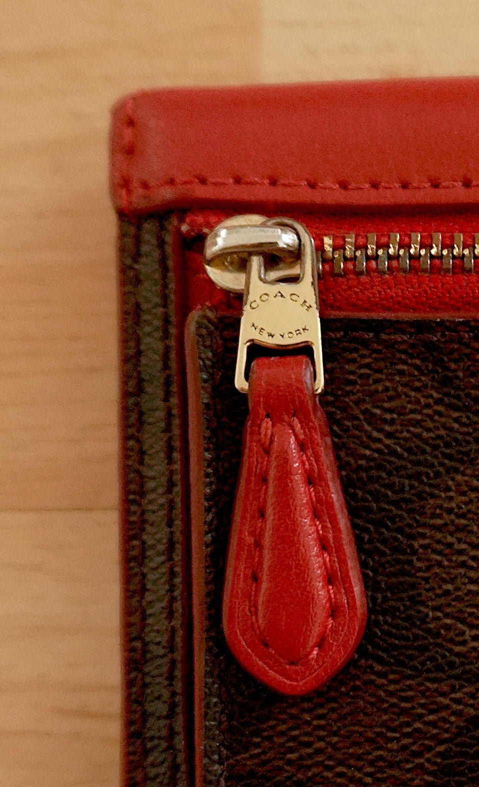 Coach Square Wallet Red Brown Leather Monogram Flap Purse Gold Zip Hardware