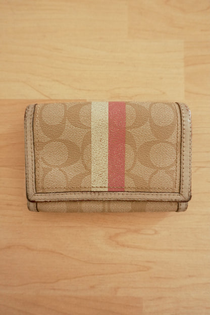 Coach Purse Cream Leather Monogram Flap Purse Pink White Stripe Women's