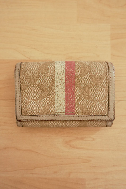 Coach Purse Cream Leather Monogram Flap Purse Pink White Stripe Women's
