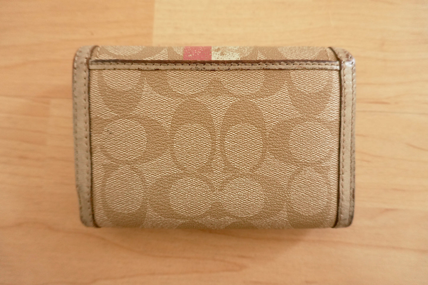 Coach Purse Cream Leather Monogram Flap Purse Pink White Stripe Women's