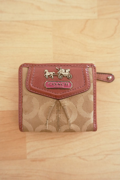 Coach Card Holder Vintage Beige Canvas Pink Leather Card Case Monogram Women's