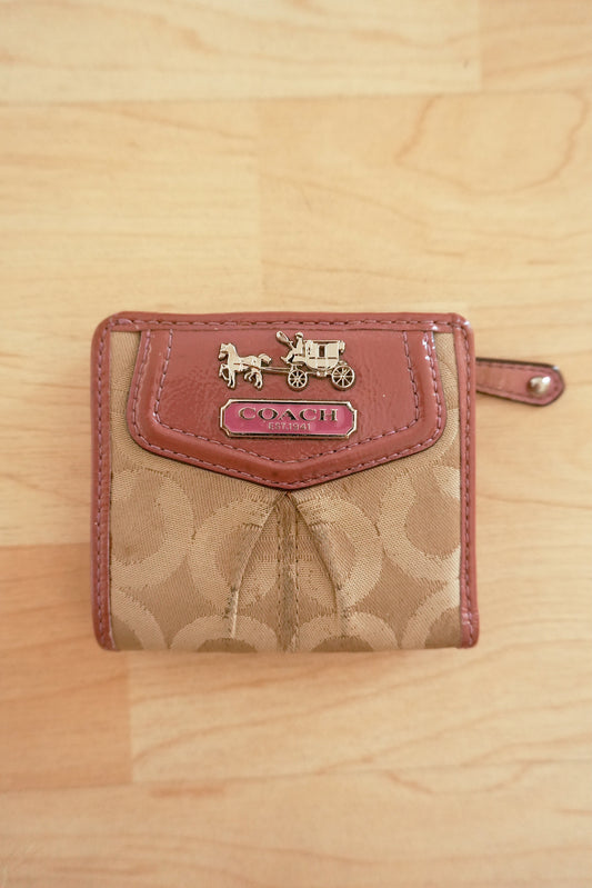 Coach Card Holder Vintage Beige Canvas Pink Leather Card Case Monogram Women's