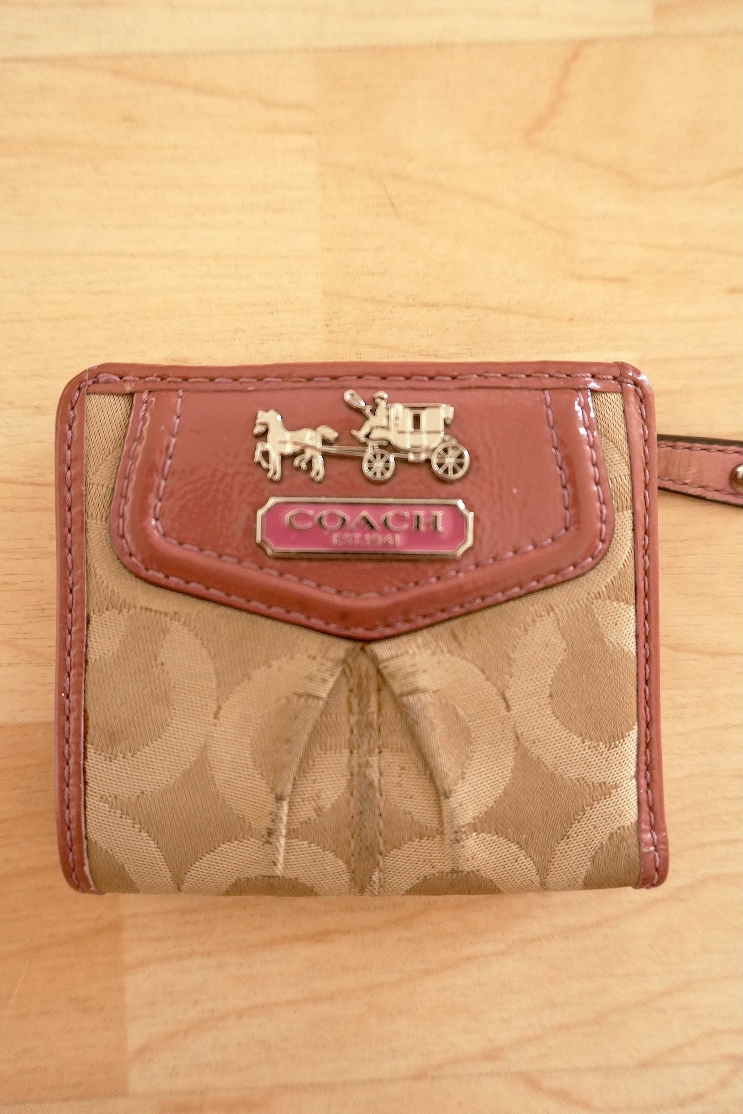 Coach Card Holder Vintage Beige Canvas Pink Leather Card Case Monogram Women's