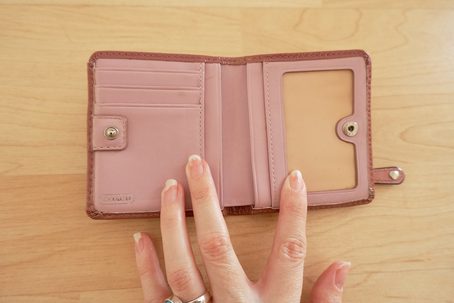 Coach Card Holder Vintage Beige Canvas Pink Leather Card Case Monogram Women's