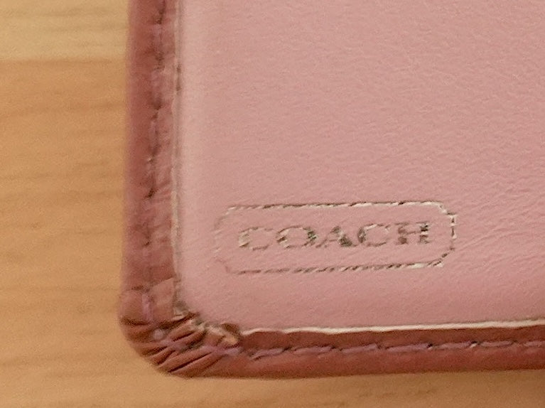 Coach Card Holder Vintage Beige Canvas Pink Leather Card Case Monogram Women's