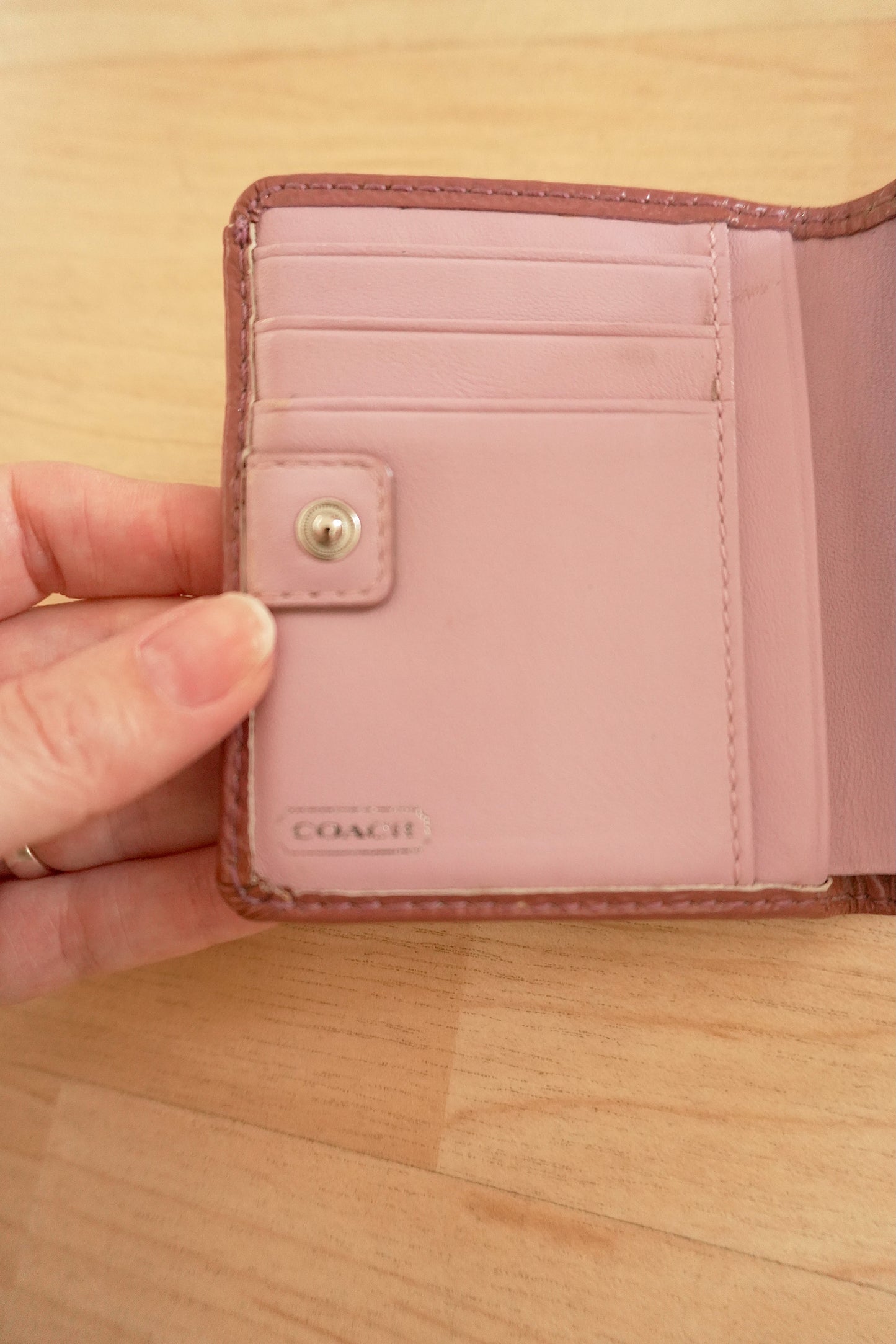 Coach Card Holder Vintage Beige Canvas Pink Leather Card Case Monogram Women's