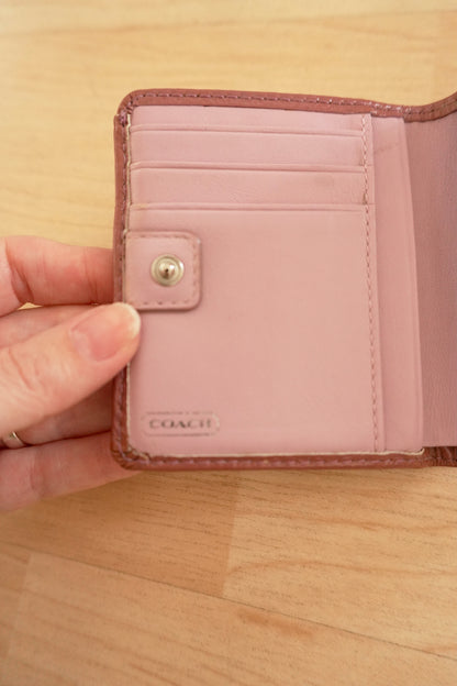 Coach Card Holder Vintage Beige Canvas Pink Leather Card Case Monogram Women's