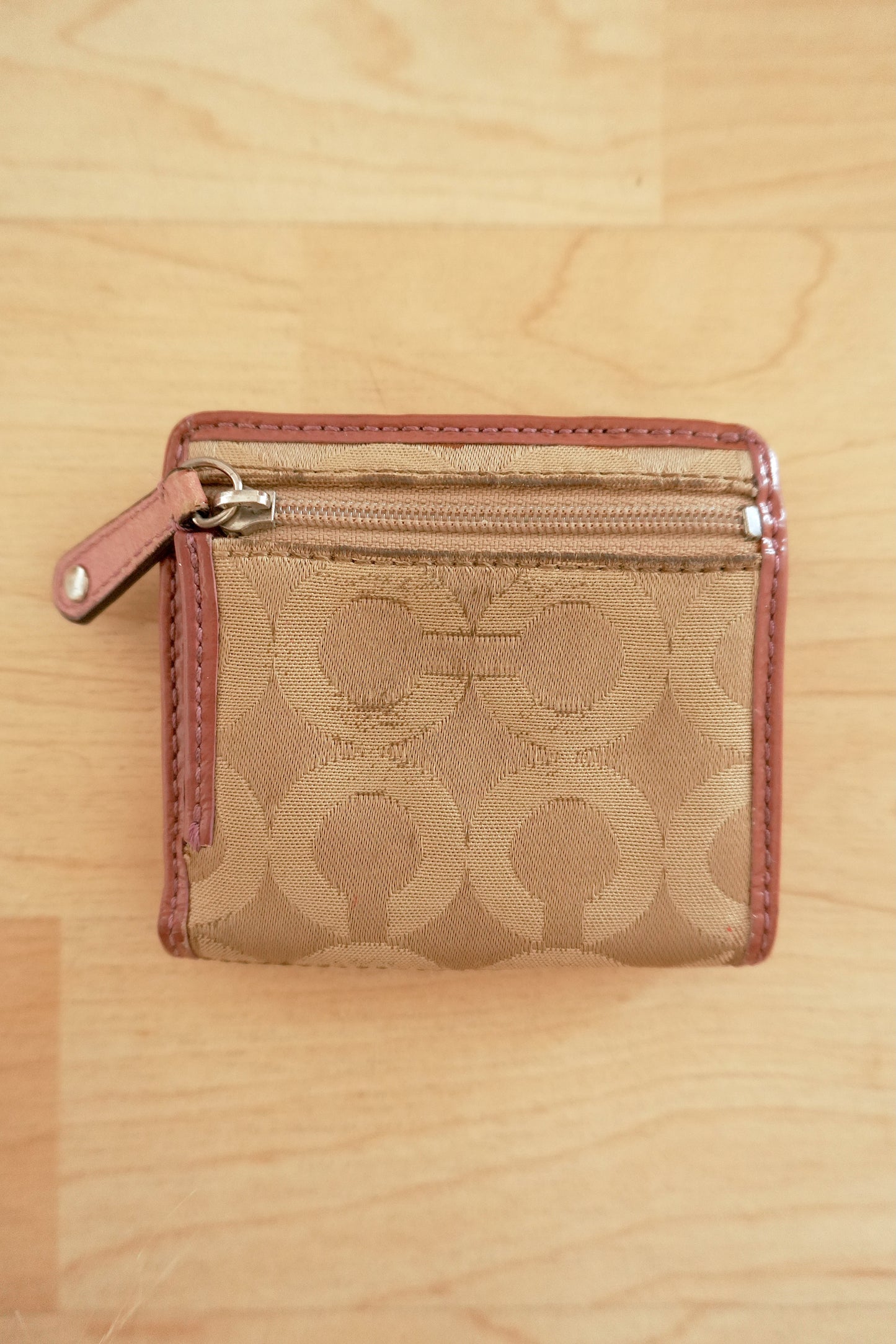 Coach Card Holder Vintage Beige Canvas Pink Leather Card Case Monogram Women's