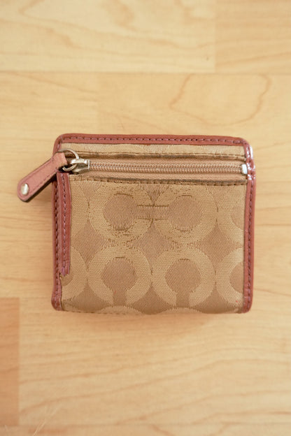 Coach Card Holder Vintage Beige Canvas Pink Leather Card Case Monogram Women's