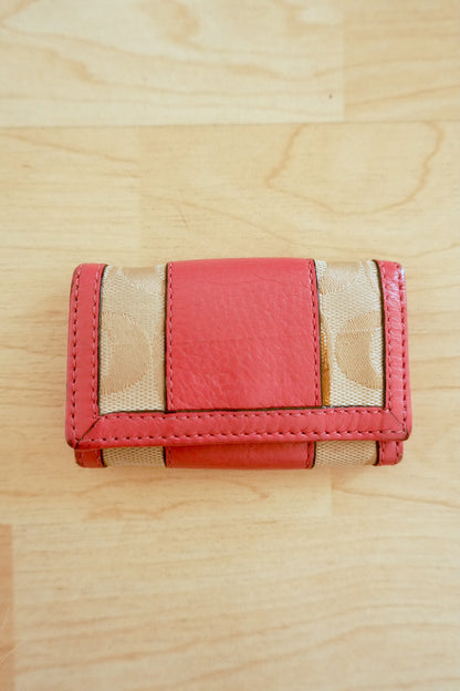 Coach Key Case Beige Canvas Pink Leather Monogram Silver Hooks Wallet
