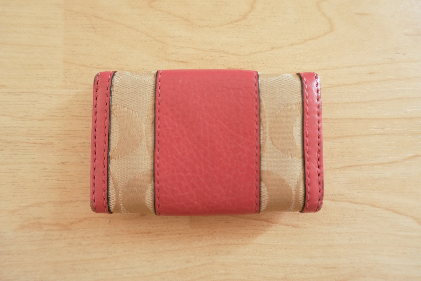 Coach Key Case Beige Canvas Pink Leather Monogram Silver Hooks Wallet