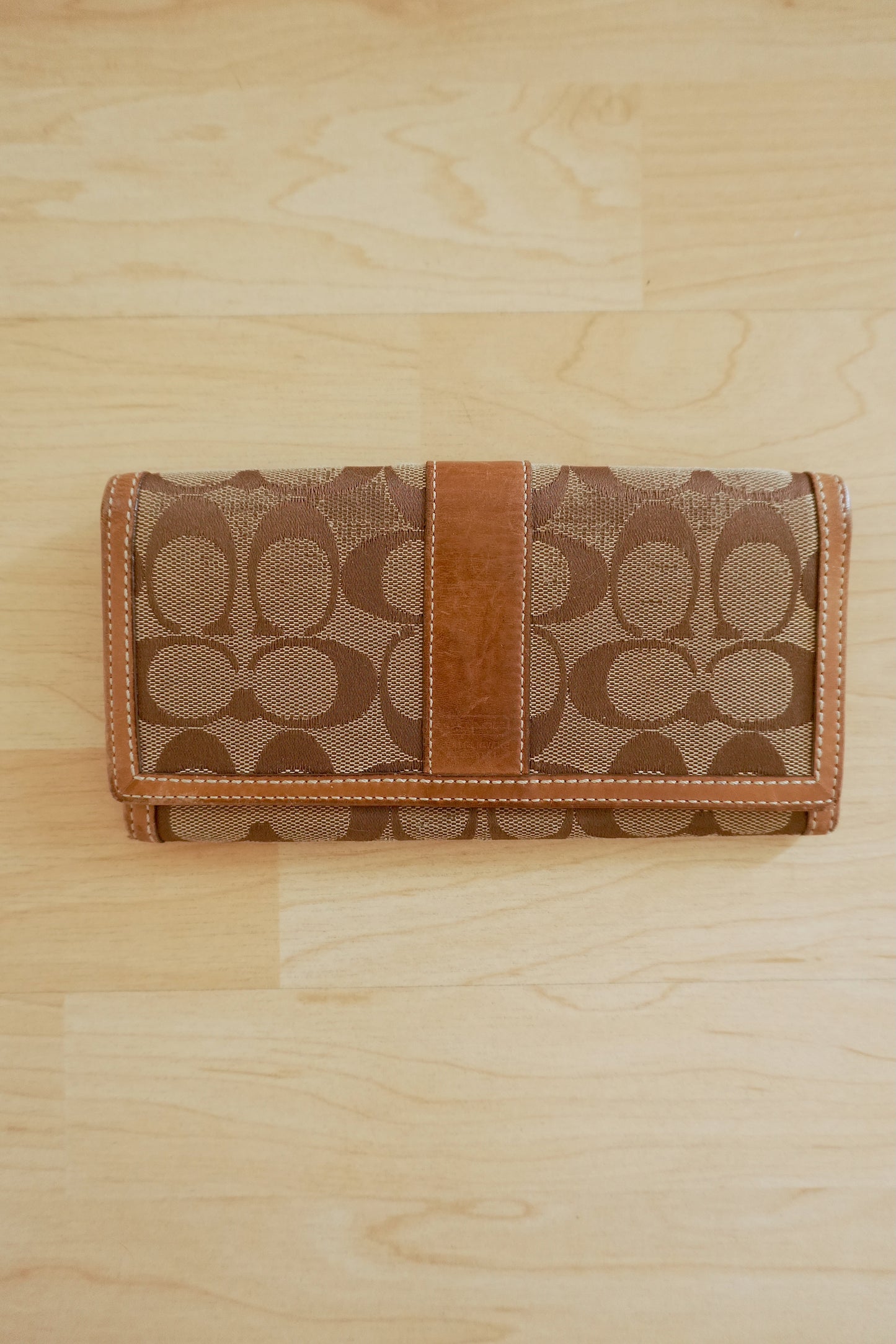 Coach Wallet Vintage Brown Canvas Leather Long Flap Purse Monogram Women's
