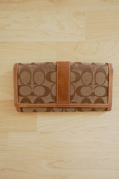 Coach Wallet Vintage Brown Canvas Leather Long Flap Purse Monogram Women's