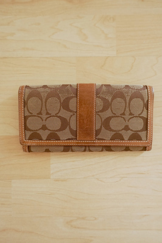 Coach Wallet Vintage Brown Canvas Leather Long Flap Purse Monogram Women's