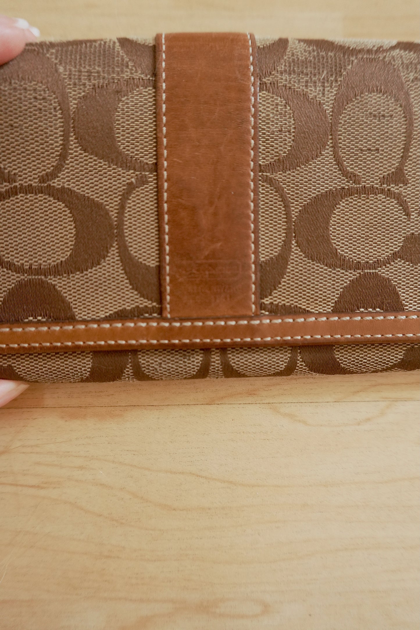 Coach Wallet Vintage Brown Canvas Leather Long Flap Purse Monogram Women's