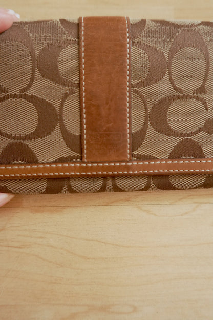 Coach Wallet Vintage Brown Canvas Leather Long Flap Purse Monogram Women's