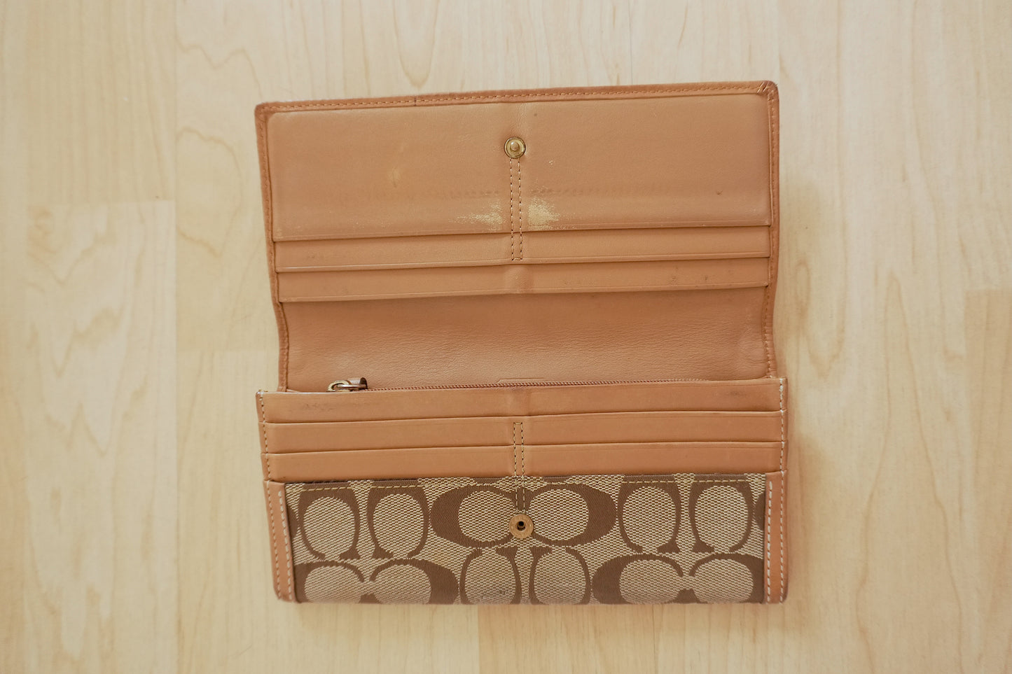 Coach Wallet Vintage Brown Canvas Leather Long Flap Purse Monogram Women's