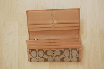 Coach Wallet Vintage Brown Canvas Leather Long Flap Purse Monogram Women's