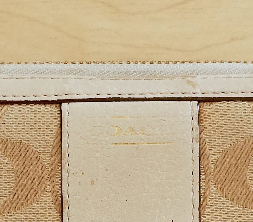 Coach Vintage Long Wallet Cream Beige Leather Monogram Zip Around Purse Gold Zip