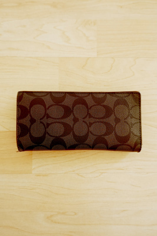 Coach Wallet Black Leather Long Purse Bifold Monogram Women's Silver Zip