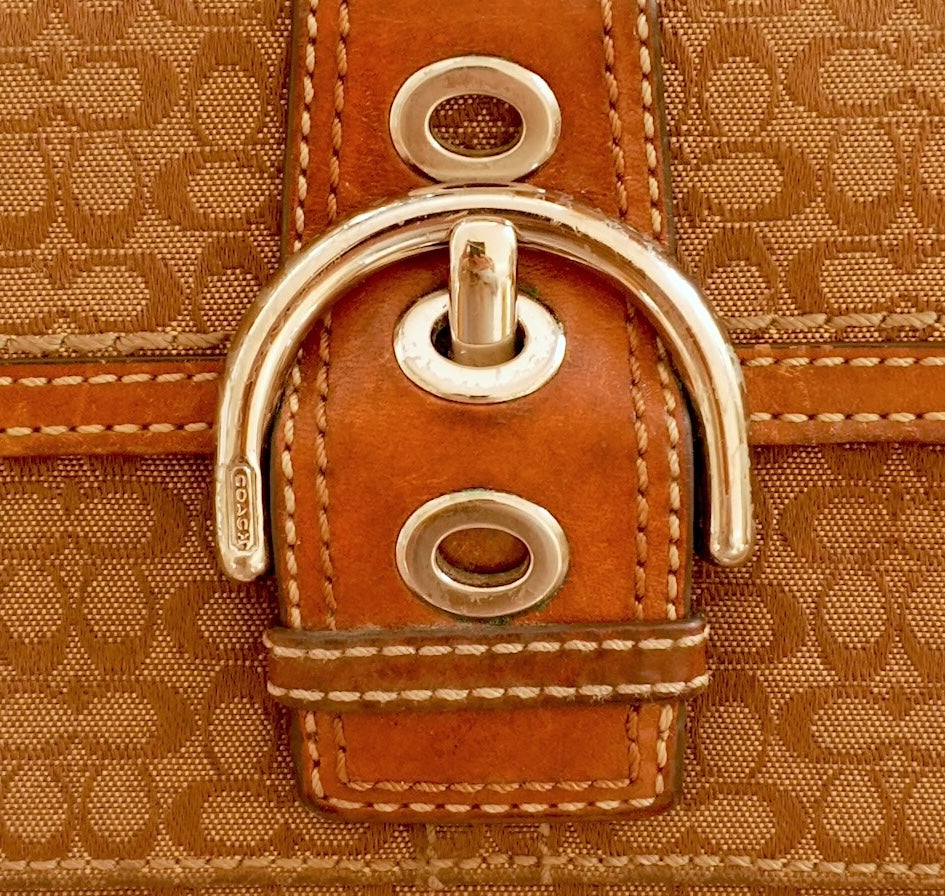 Vintage Coach Monogram Wallet Brown Canvas Leather Buckle Flap Long Purse Y2K