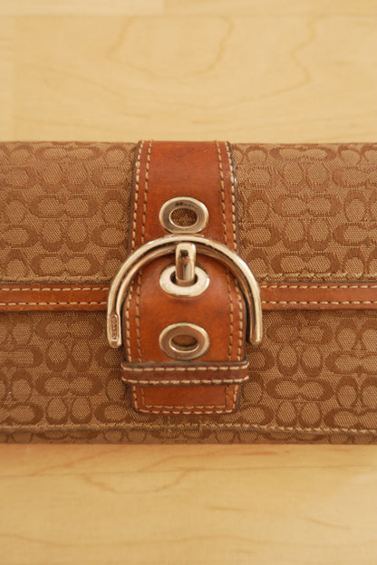 Vintage Coach Monogram Wallet Brown Canvas Leather Buckle Flap Long Purse Y2K