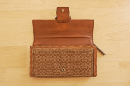 Vintage Coach Monogram Wallet Brown Canvas Leather Buckle Flap Long Purse Y2K