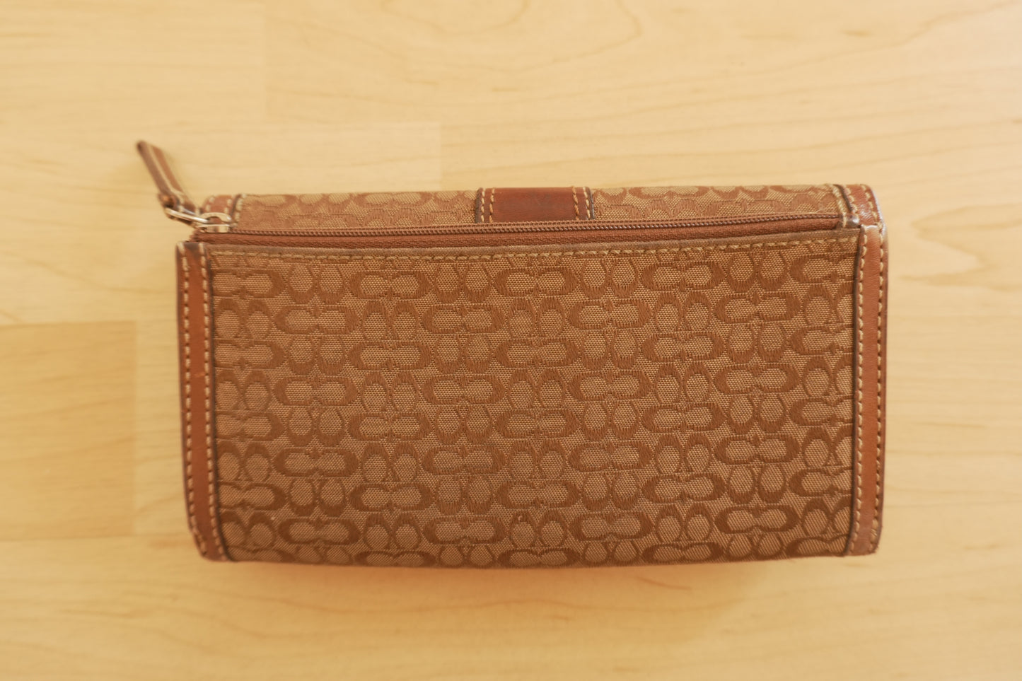 Vintage Coach Monogram Wallet Brown Canvas Leather Buckle Flap Long Purse Y2K