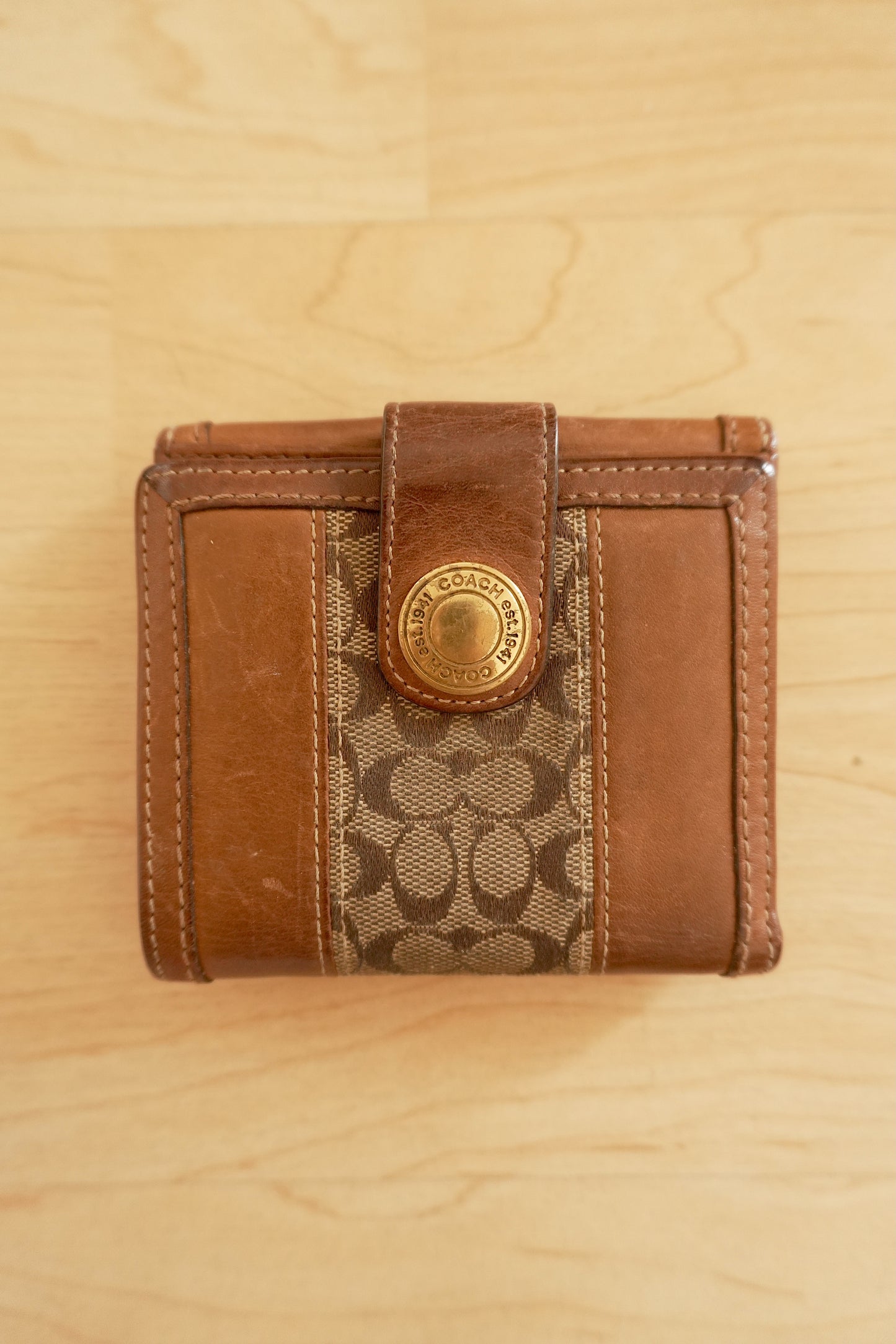 Vintage Coach Square Wallet Brown Monogram Canvas Leather ID Coin Pocket Compact