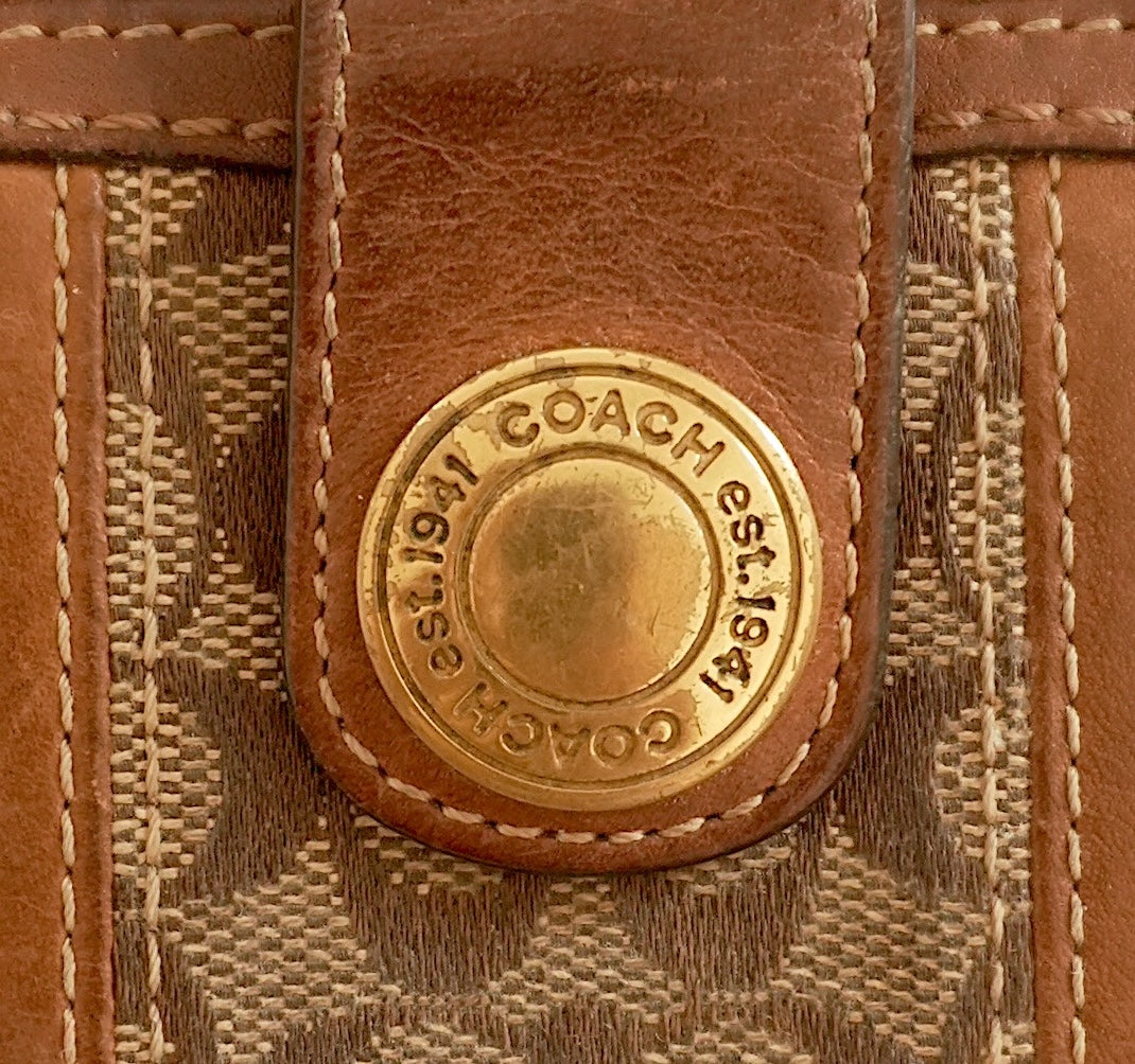 Vintage Coach Square Wallet Brown Monogram Canvas Leather ID Coin Pocket Compact
