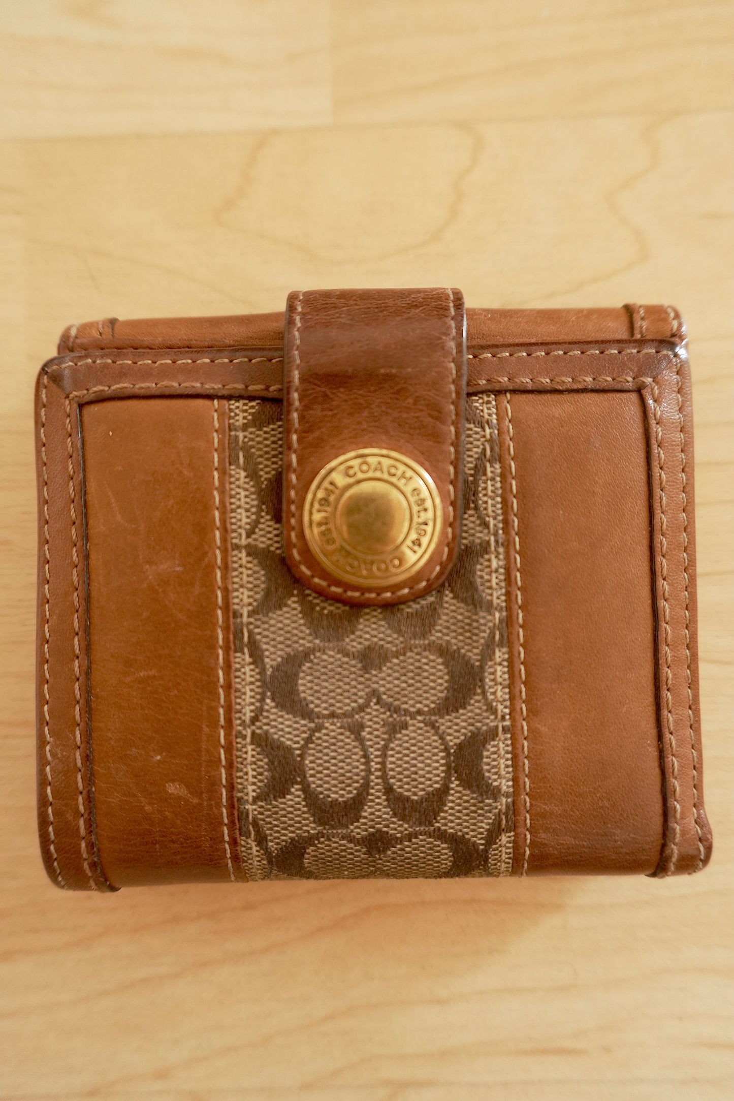 Vintage Coach Square Wallet Brown Monogram Canvas Leather ID Coin Pocket Compact