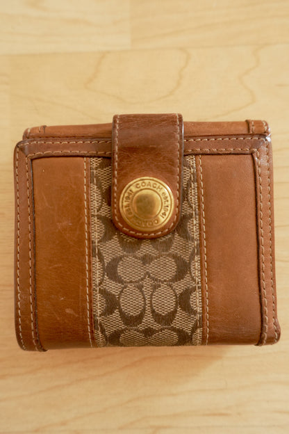 Vintage Coach Square Wallet Brown Monogram Canvas Leather ID Coin Pocket Compact