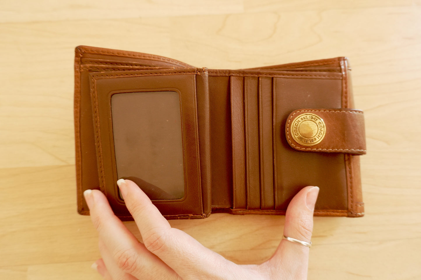 Vintage Coach Square Wallet Brown Monogram Canvas Leather ID Coin Pocket Compact