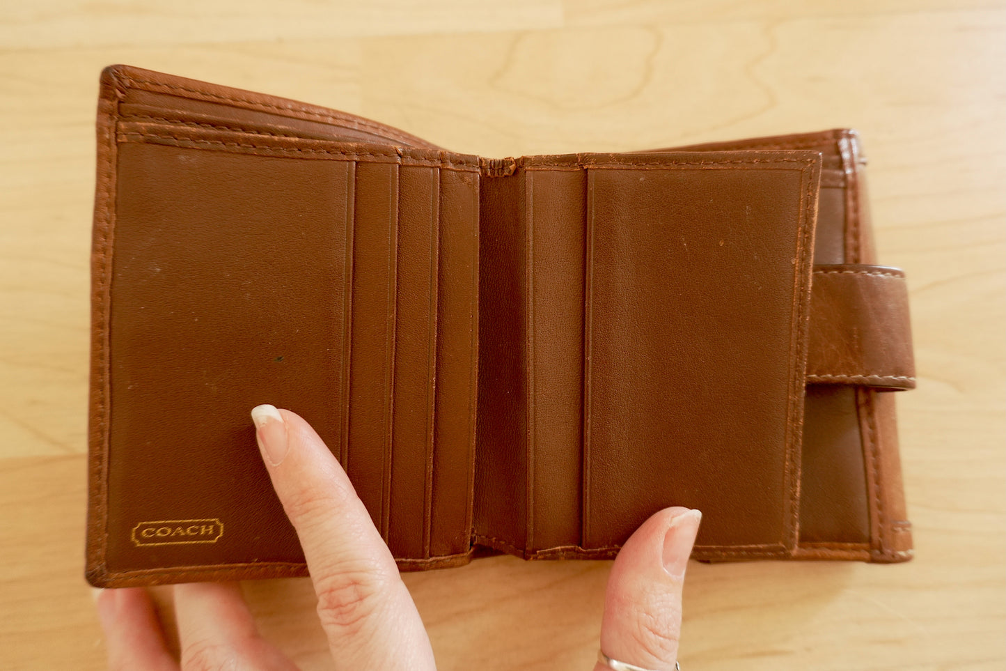 Vintage Coach Square Wallet Brown Monogram Canvas Leather ID Coin Pocket Compact