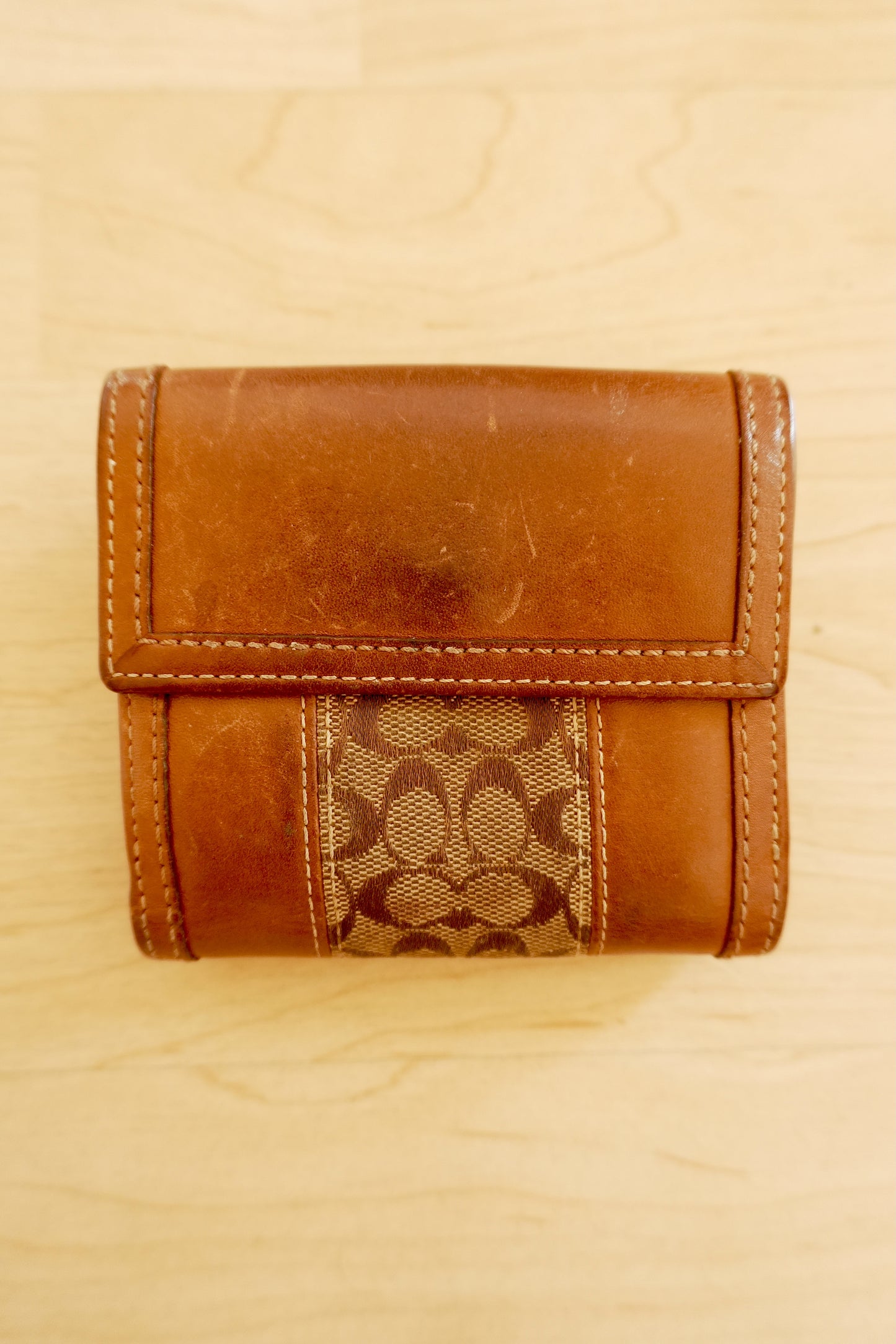 Vintage Coach Square Wallet Brown Monogram Canvas Leather ID Coin Pocket Compact