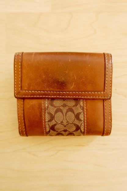 Vintage Coach Square Wallet Brown Monogram Canvas Leather ID Coin Pocket Compact