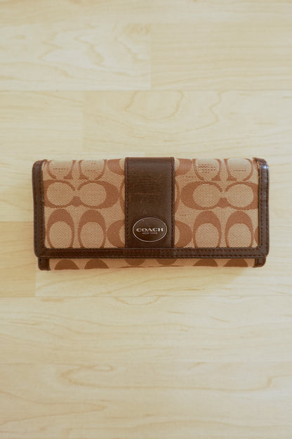 Coach Wallet Vintage Brown Beige Leather Canvas Long Flap Purse Logo Women's
