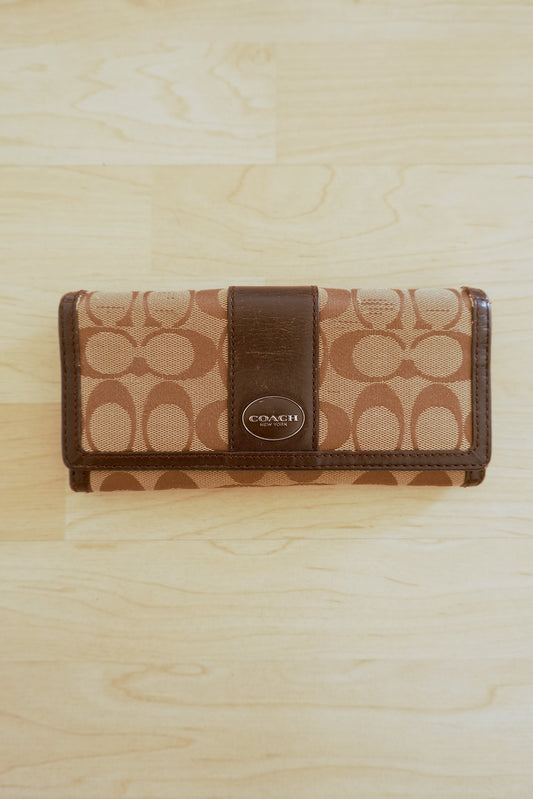 Coach Wallet Vintage Brown Beige Leather Canvas Long Flap Purse Logo Women's